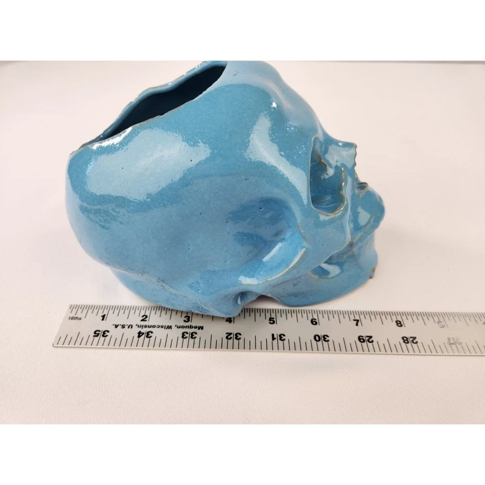 Large Human skull planter pot ceramic Artisan Handmade Art Blue Decor Ohio
